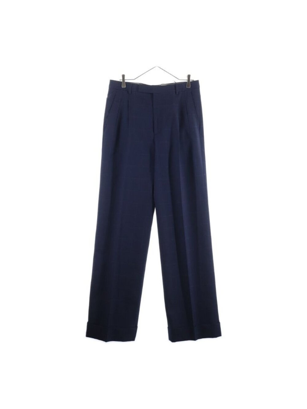 Gucci Pleated Wide Pants Trousers Check Wool GG Logo Navy